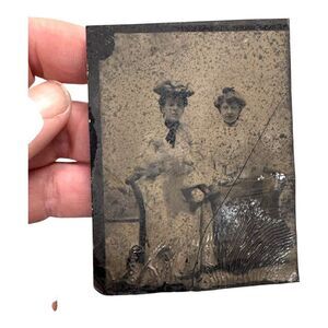 Antique Tintype Photograph Of Two Victorian Women With Baby Mourning Photo ?